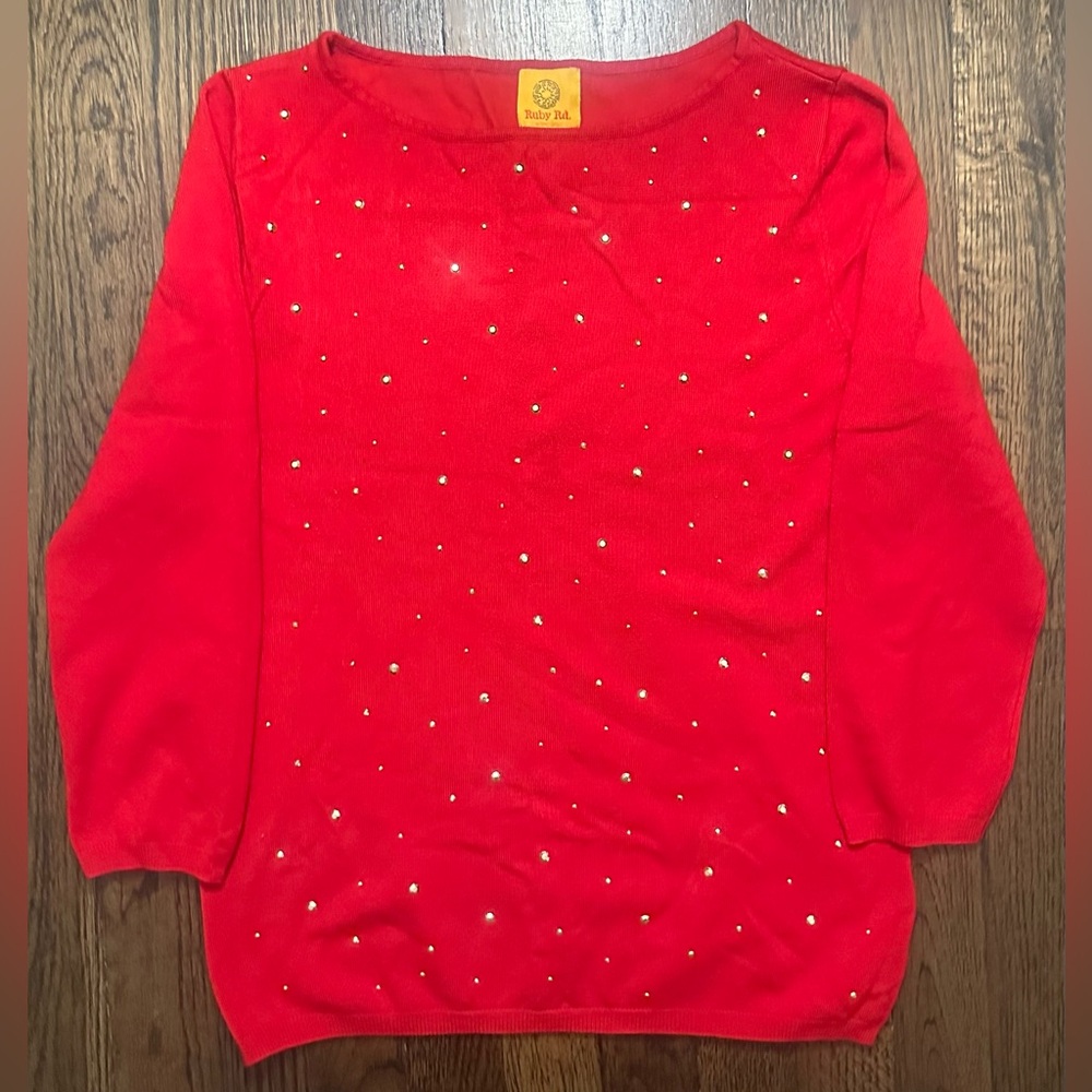 GUC Ruby Rd. Womens Red Embellished 3/4 Sleeve Tight-Knit Pullover Sweater Small